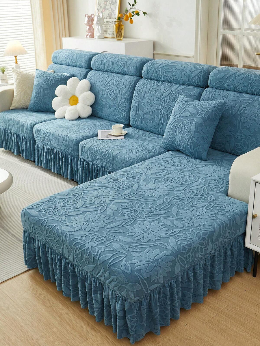 1pc Flower Embossed Sofa Slipcover, European Style Ruffled Multifunctional Sofa Skirt, Ins Style Decorative Sofa Cover, Pet-Friendly, Machine Washable, Suitable For 1/2/3/4 Seat L-Shaped Sofas With Armrests