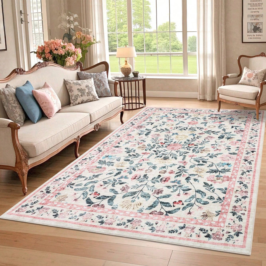 Washable Area Rug Farmhouse Floral Border Rugs With Non-Slip Backing Stain-Resistant Soft Low Pile Indoor Floor Carpet For Dining Room Bedroom Kids Room Entryway Home Decor