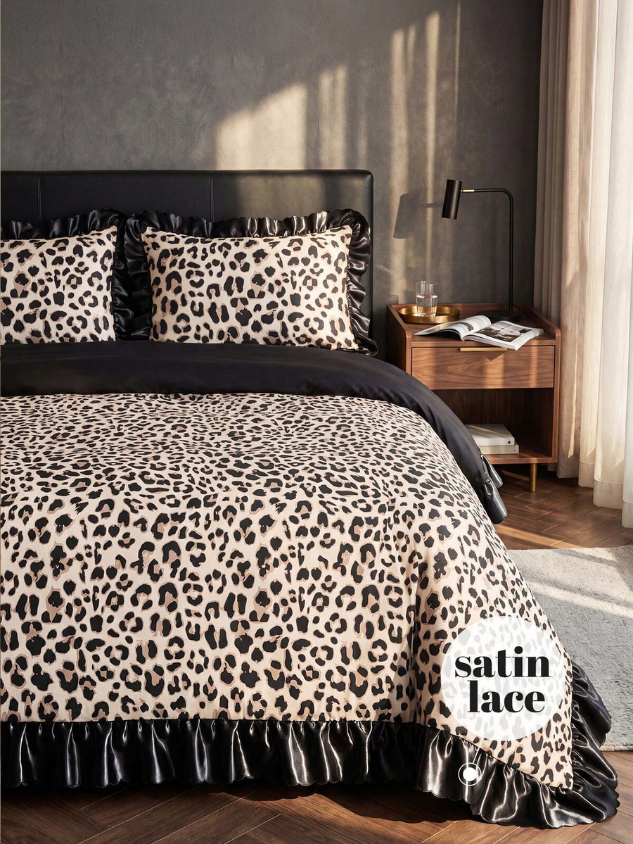 2/3pcs Ruffle Bedding Set, Satin Ruffle, Black Leopard Print, Leopard Pattern, Breathable Dust-Proof Non-Slip, Lightweight Silky, Suitable For All Seasons, Fits Single/Double/King Size Bed, Includes 1 Duvet Cover And 2/1 Pillowcases